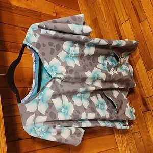 healing hands Gray Floral Print Scrub Top with Aqua Flowers
